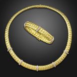 A diamond-set 18ct bracelet and collar necklace, with woven fabric pattern in textured gold, pave-