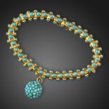 A French mid 19th century turquoise-set gold bracelet, the gold snake-link bracelet set with