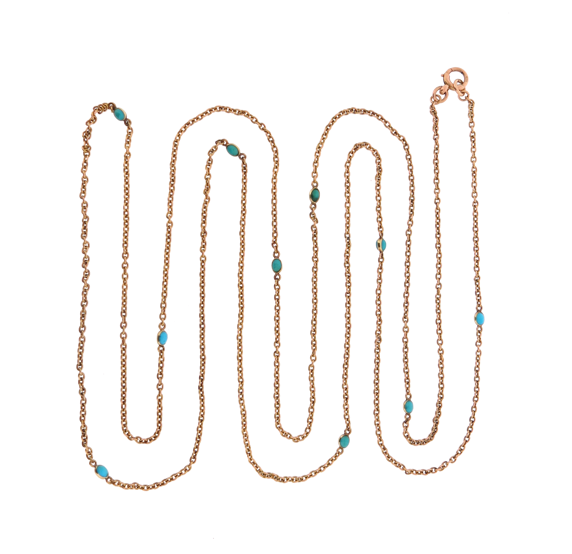 An Edwardian turquoise-mounted gold chain, set with ten turquoise cabochons in gold spectacle mounts