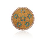 A Regency gold pill box, the circular box with hinged lid, with foliate motif set with turquoise and
