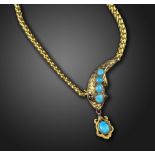 A Victorian gem-set gold snake necklace, the head set with graduated turquoise cabochons and