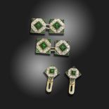 A set of diamond and green stone-set cufflinks and studs by Chaumet, later retailed by Cartier