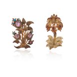 Two Regency gem-set brooches, both of foliate design, set with rubies, topaz and turquoise in two-