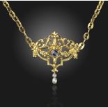 An Art Nouveau gem-set gold pendant, centred with an old cushion-shaped sapphire to the openwork