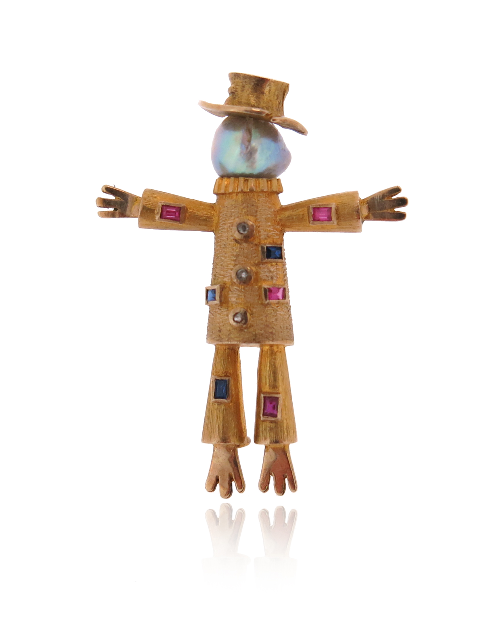 A gem-set gold scarecrow brooch, set with rose-cut diamonds, calibre-cut synthetic rubies and