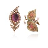 Two gem-set gold brooches, including a Victorian amethyst and seed-pearl set gold foliate brooch,