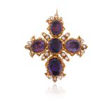 An early 19th century amethyst and pearl brooch pendant, the graduated oval-shaped amethysts set