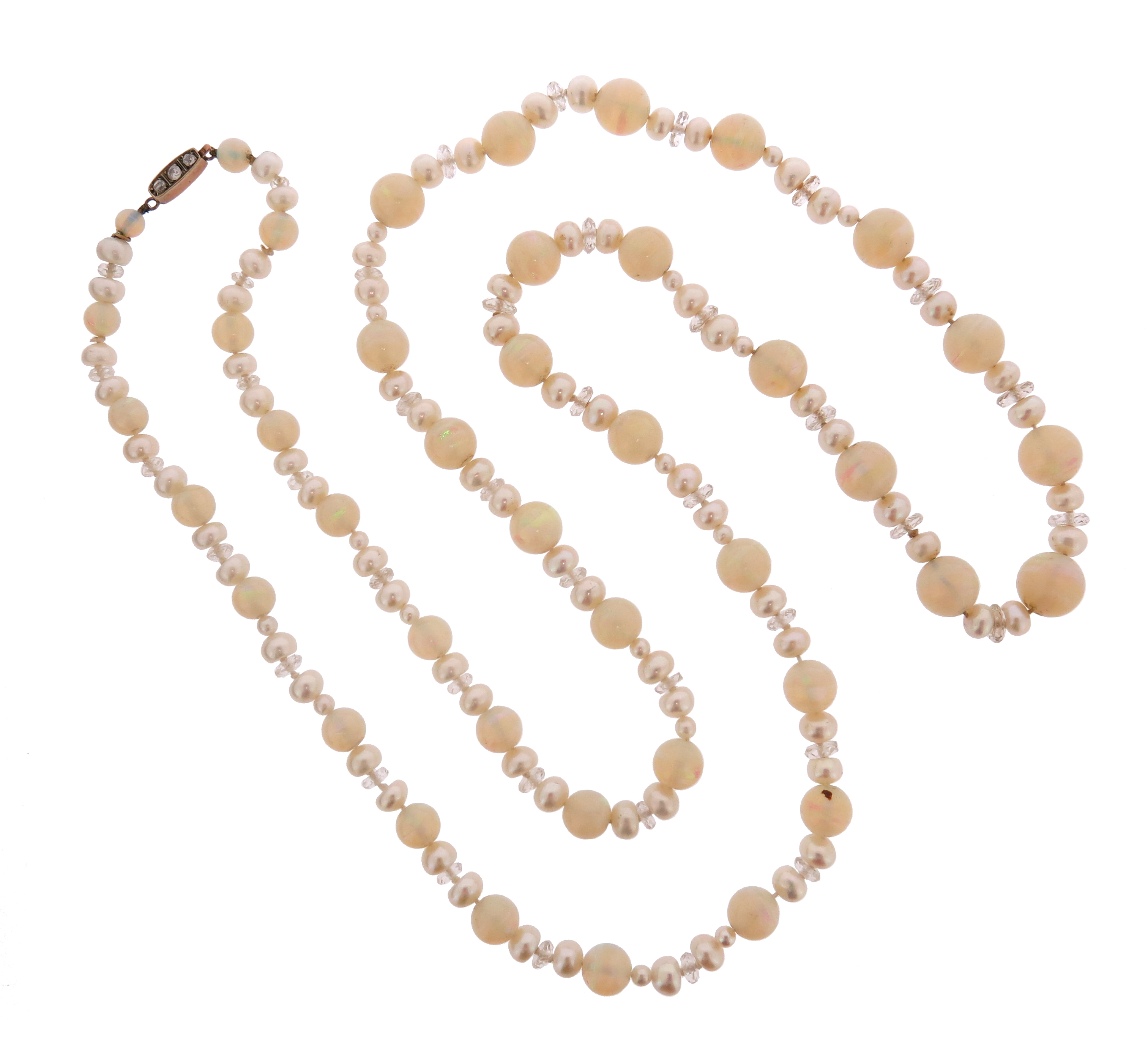 An opal bead necklace, the graduated opal beads alternately-set with cultured pearls and rock