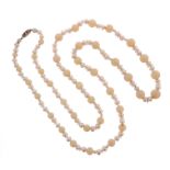 An opal bead necklace, the graduated opal beads alternately-set with cultured pearls and rock