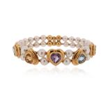 A gem and cultured pearl-set gold bangle, set with heart-shaped citrines, amethysts and blue topaz