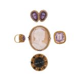 Five jewellery items, including a 19th century amethyst and seed pearl-set brooch, a shell cameo-set