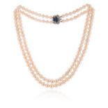 A two-row cultured pearl necklace, the cultured pearls measure approximately 7.5mm, the foliate
