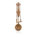 A lady's gold fob watch and chatelaine, the gold pocket watch with foliate decoration to the dial,