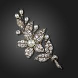 A Victorian natural pearl and diamond foliate brooch, set overall with graduated old circular-cut