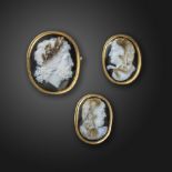 A set of three 19th century sardonyx cameos, depicting the heads of Hercules, Omphale and Zeus