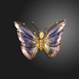 A diamond and gem-set gold butterfly ring by Geoffrey Rowlandson, with carved ametrine wings, a