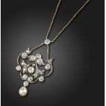 A Victorian natural pearl and diamond pendant, of scrolling foliate design set overall with