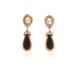 A pair of onyx and diamond drop earrings, set in yellow gold, clip fittings, 4.7cm high