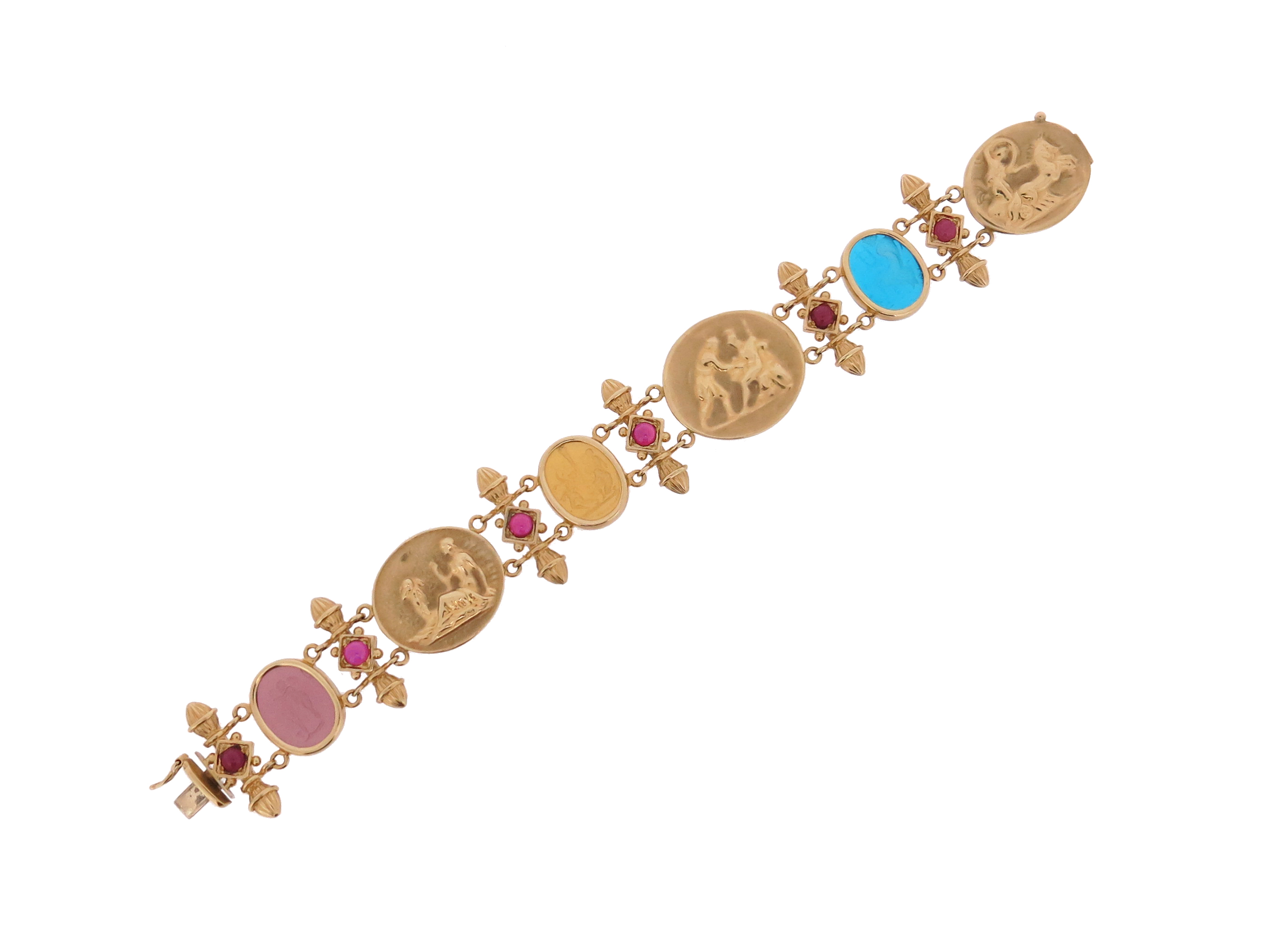 An Italian intaglio-mounted gold bracelet by Tagliamonte, the paste intaglios and gold oval links