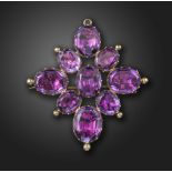 A George III amethyst brooch pendant, set with oval-shaped amethysts in silver gilt closed-back