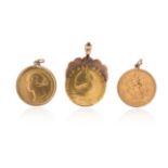 Three gold coin pendants, an 1866 Sydney Mint Sovereign, a 1912 sovereign and a Spade Guinea, all