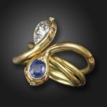 A pair of Victorian sapphire and diamond gold interlocking snake rings, set with a cushion-shaped