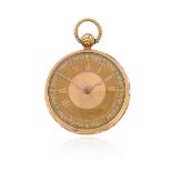A Regency gold open-faced pocket watch, the textured dial with Roman numerals and foliate decoration