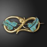 A Victorian gem-set snake brooch, the knotted serpent set with a seed pearl and ruby eyes, with