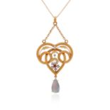 A gem-set gold scroll pendant, set with a ruby and diamond flowerhead and suspending an opal in