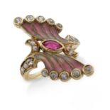 An enamel and gem-set ring, of spray design, set with a marquise-shaped ruby and graduated old