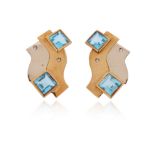 A pair of abstract topaz and diamond earrings by Manfredi, set with two square-shaped blue topaz and