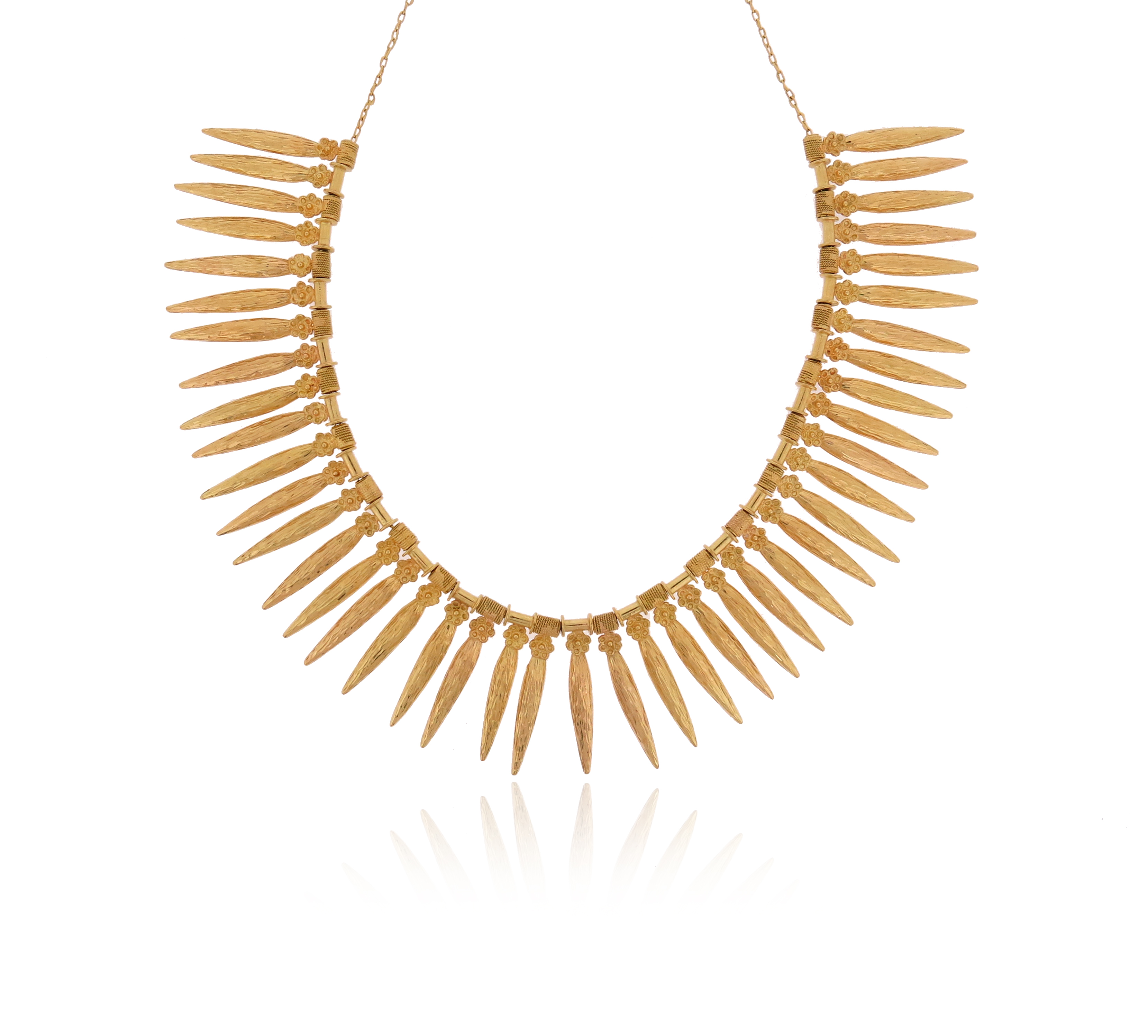 A gold amuletic necklace by Dima Rashid, the links in the shape of stylised yasmin buds in