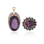 Two amethyst and diamond pendants, including a George III brooch pendant, set with an oval-shaped