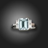 An aquamarine and diamond ring, the emerald-cut aquamarine weighs approximately 2.00cts, set with