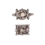 Two gem-set necklace clasps, a French cultured pearl and diamond-set clasp, the oval clasp with