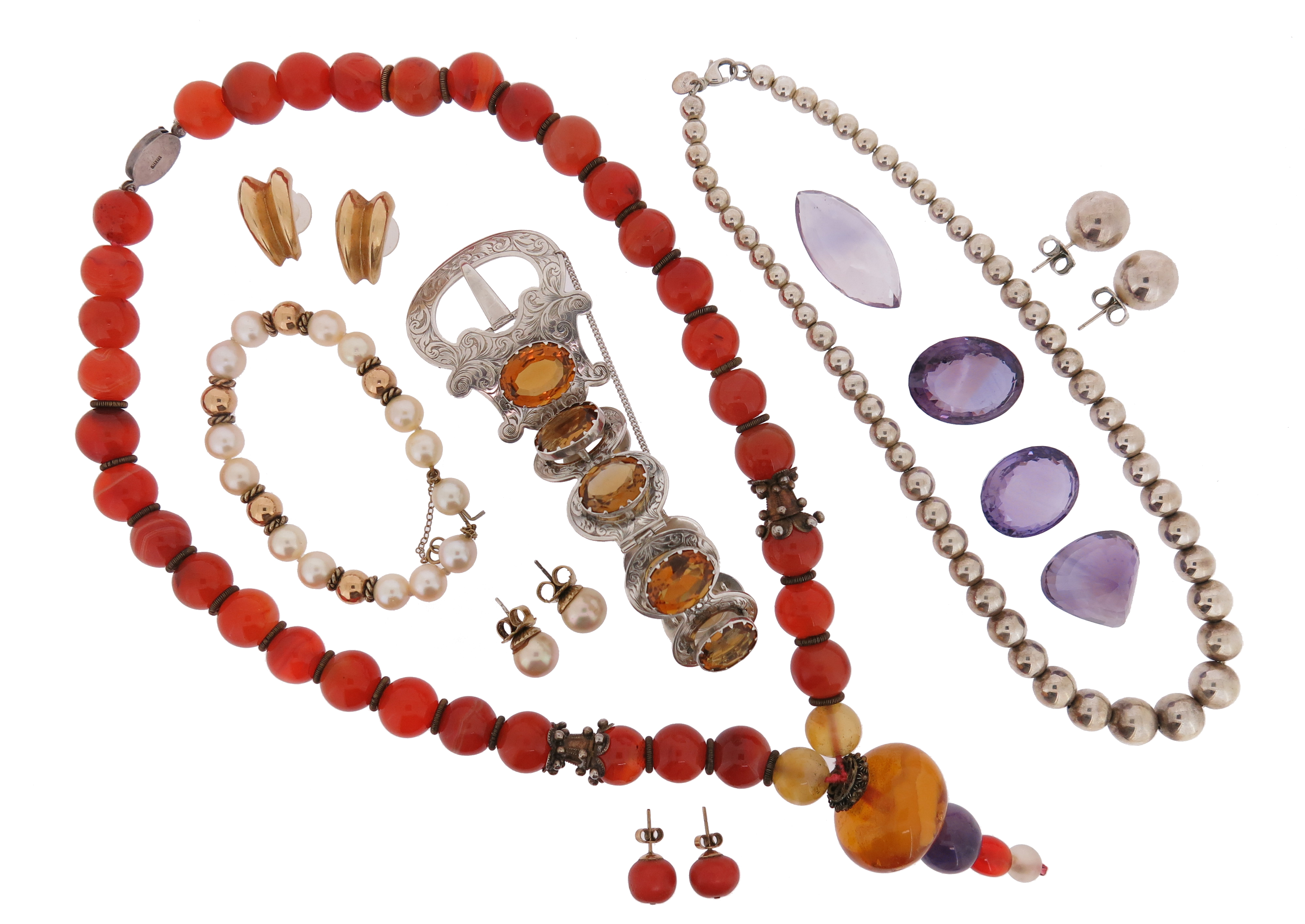 Various items of jewellery, including a Victorian citrine-set silver bracelet in the form of a