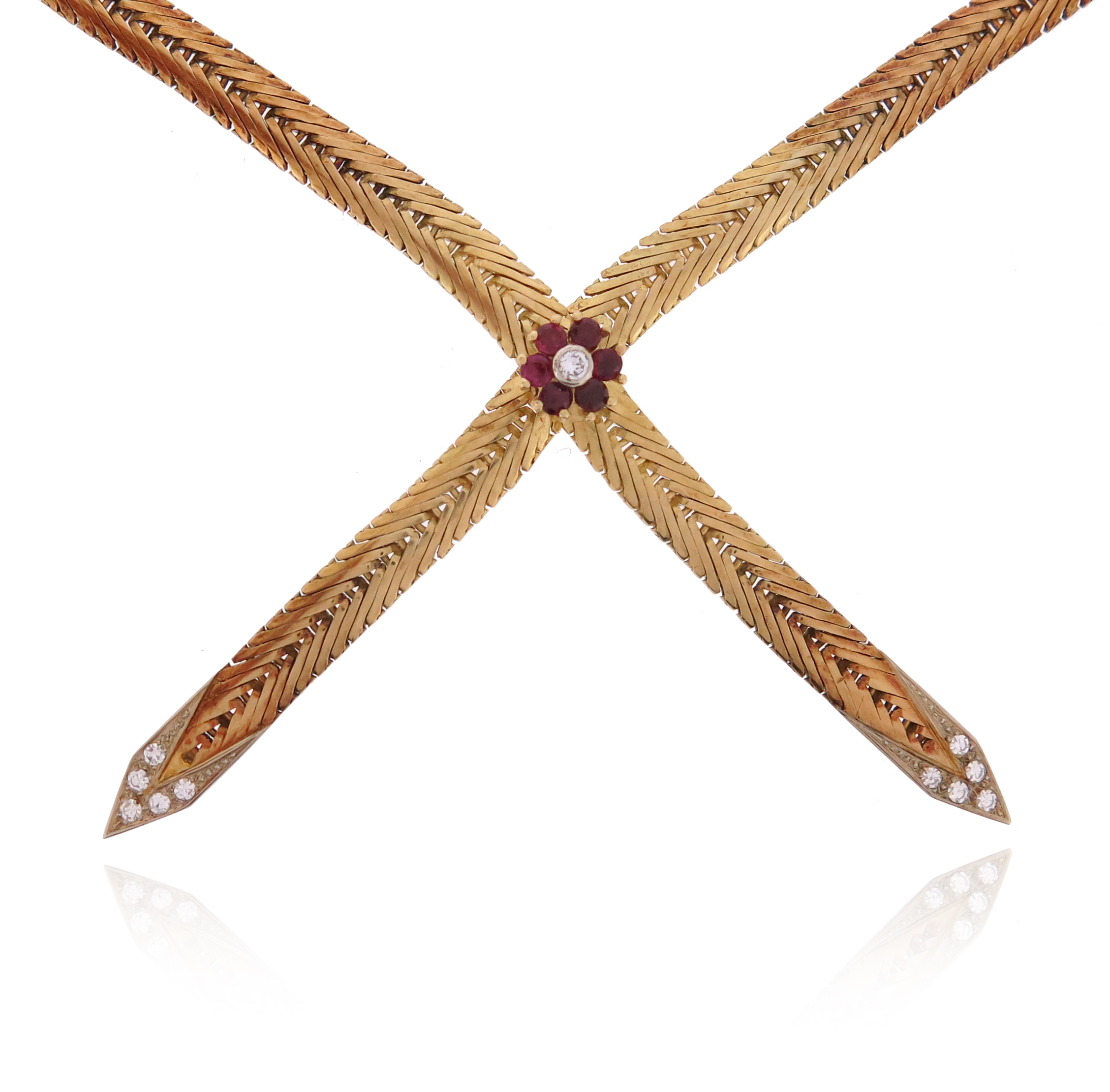 An 18ct gold collar necklace by Garrard & Co, set with a ruby and diamond flowerhead and diamond - Image 2 of 2