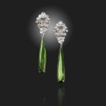 A pair of tourmaline and diamond drop earrings, the upper sections set with graduated circular-cut