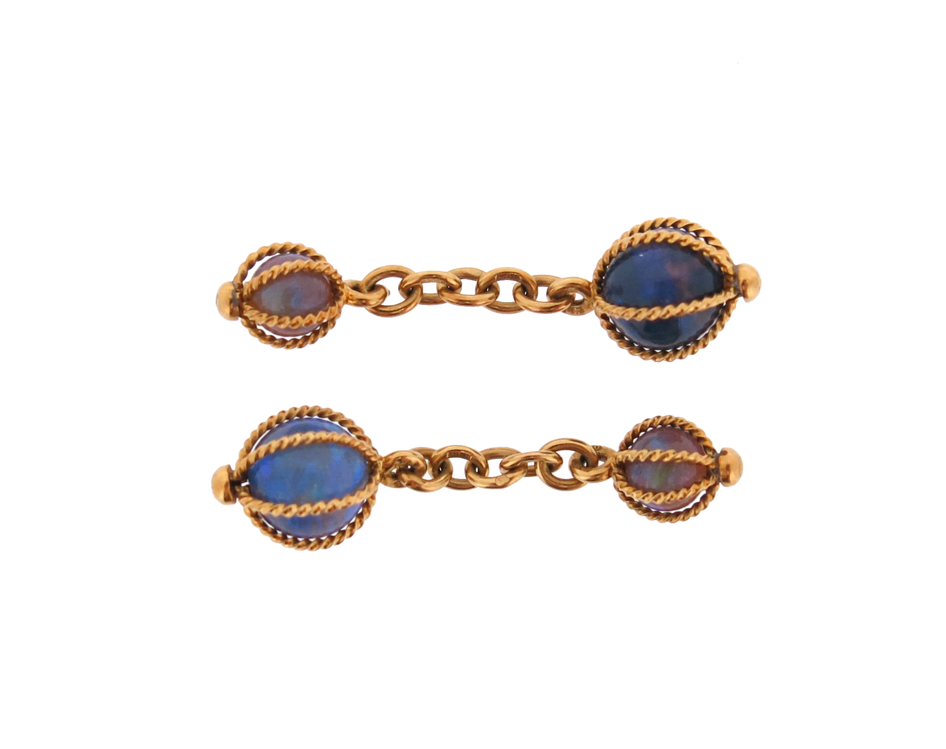 A pair of opal bead-mounted gold cufflinks, each opal bead contained in an 18ct yellow gold cage