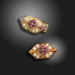 A pair of ruby and diamond-set cufflinks by Fred, each link centred with square-shaped rubies and