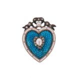 An Edwardian enamel and diamond heart brooch, the pearl and diamond heart-shaped cluster set on blue