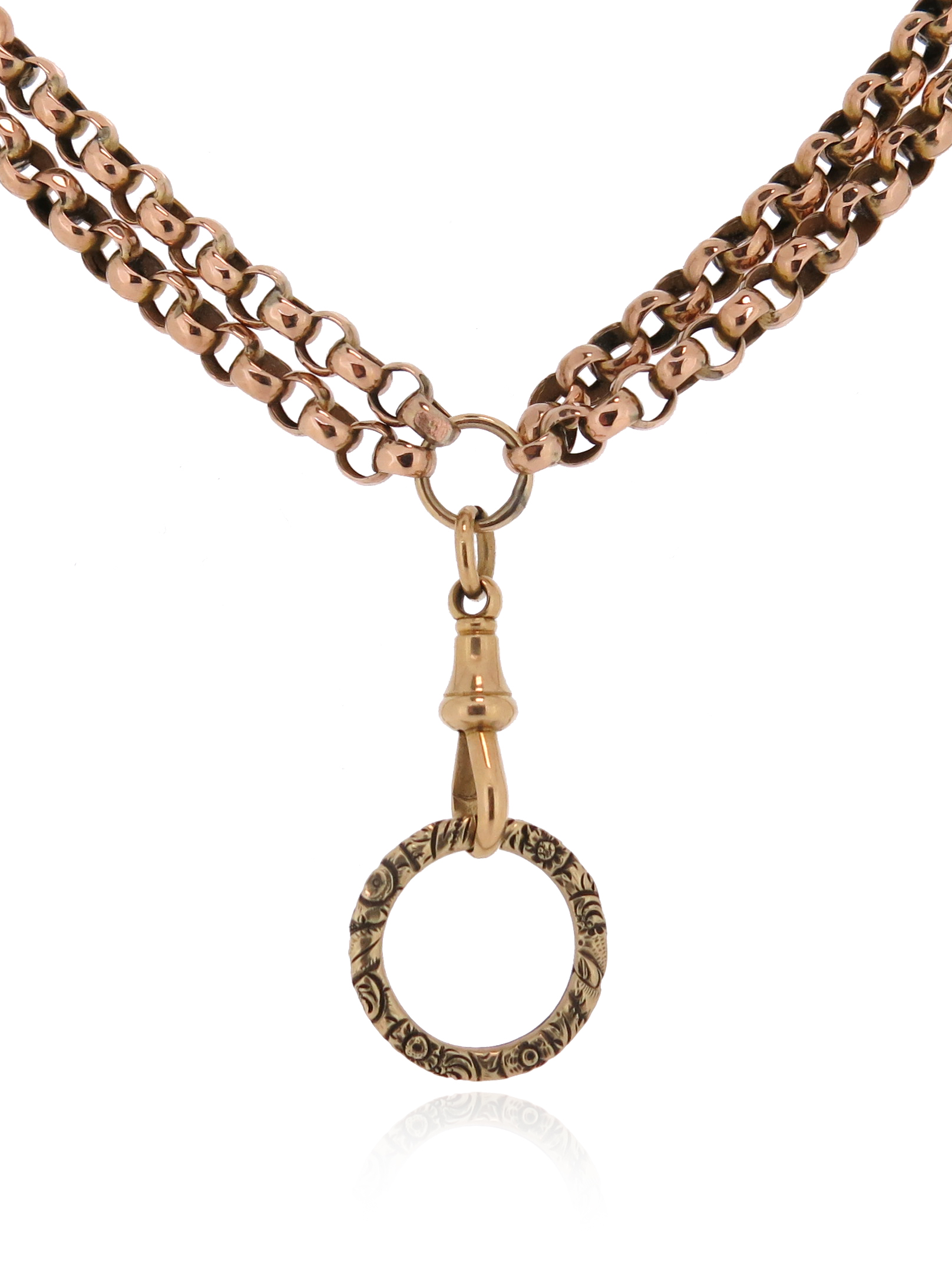 A two-row gold longuard chain, the plain gold links with a Regency split ring with foliate - Image 2 of 2