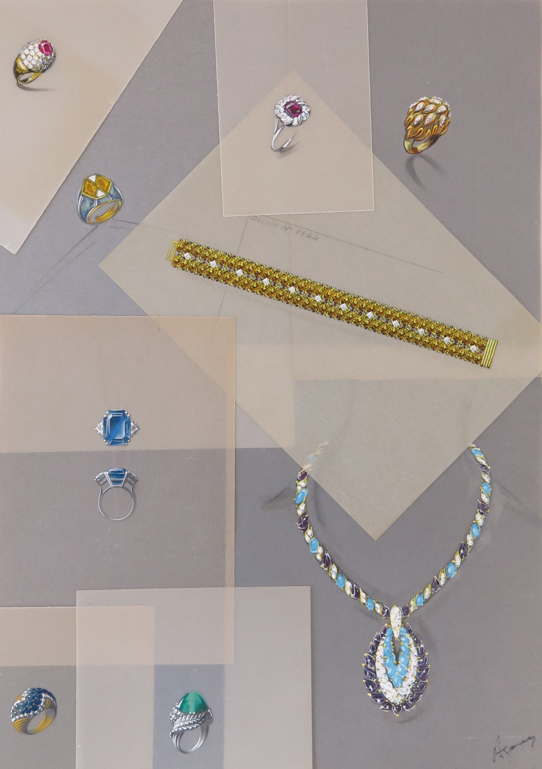 A large quantity of jewellery drawings, for rings, chokers, necklaces and brooches, gouache on