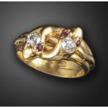 A Victorian gem-set double snake ring, the serpent heads each set with an old circular-cut diamond