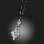 An Art Deco emerald and diamond pendant, of geometric design with foliate motif, pavé-set with