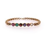 A gem-set acrostic gold bracelet, set with a circular-cut ruby, emerald, garnet, amethyst, ruby