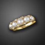 A late 19th century pearl and diamond half-hoop ring, set with five graduated half pearls and rose-