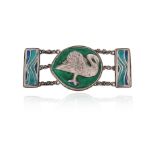 An Arts & Crafts silver and enamel belt buckle believed to be by Henry Wilson, the centre plaque