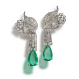 A pair of emerald and diamond drop earrings, the foliate sprays set with baguette-shaped and round