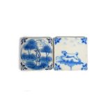 Two delftware tiles c.1720-40, one Bristol and painted in blue with a figure between sponged